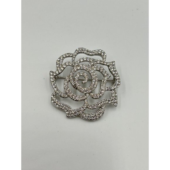 Vintage Rhinestone Pave Rose Flower Pin Brooch Silver Tone Metal Openwork Design - Picture 3 of 7